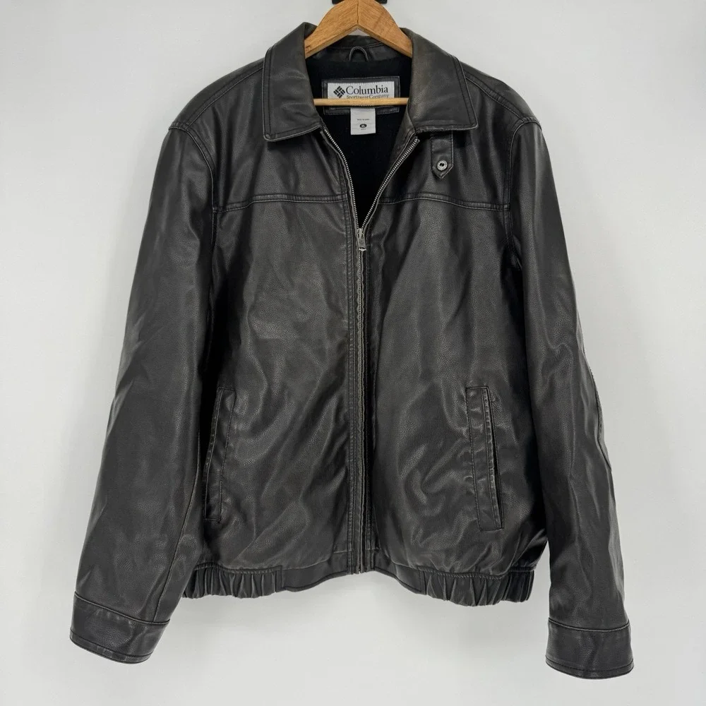 Columbia‎ Faux Leather Full Zip Heavy Bomber Jacket Men's XL Black Fleece Lined
